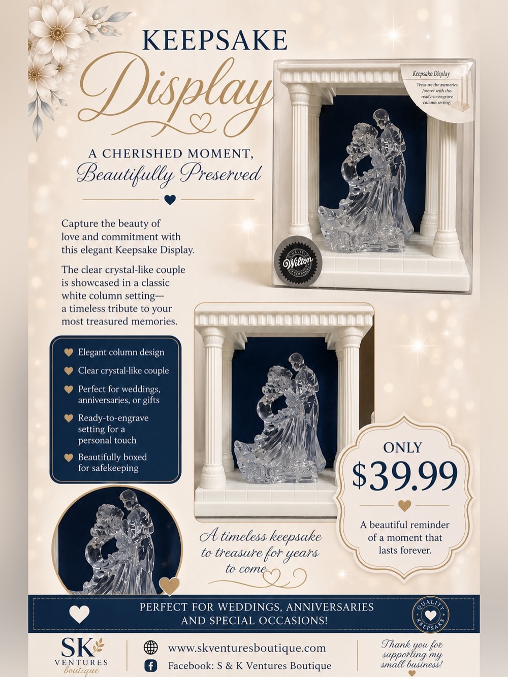 Wedding Couple Keepsake Display-Crystal-Look Figurine with Column Setting